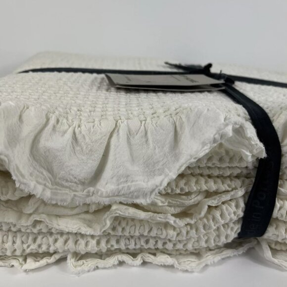INUP MADE IN PORTUGAL Luxury Cream Waffle Cotton Ruffle Queen Coverlet Blanket - Picture 7 of 7